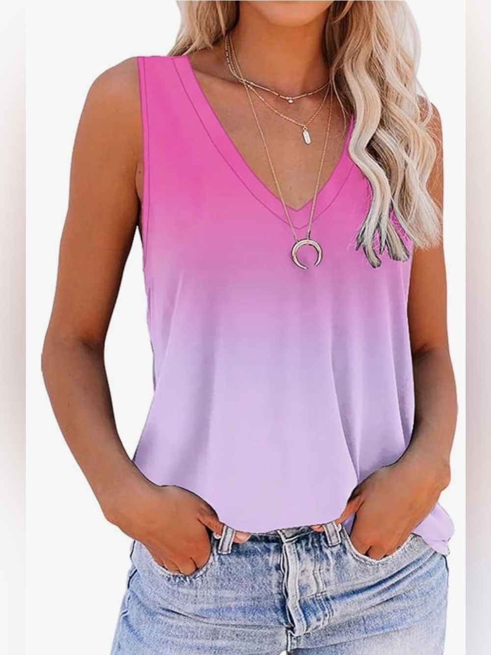 Amazon,Pink to Lavender, V-Neck, Ombre, Tank Top, size medium